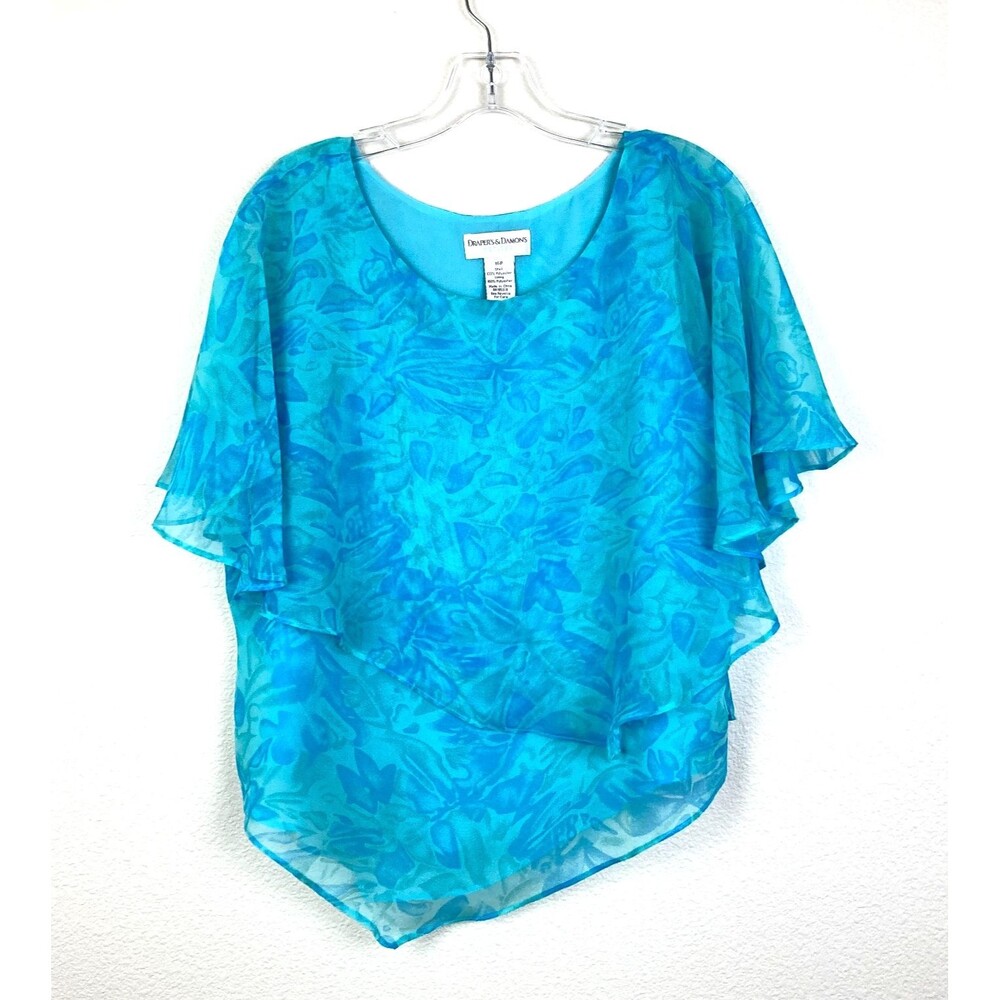 Drapers and Damons Asymmetrical Ruffle Tiered Blouse Size Petite LP Blue